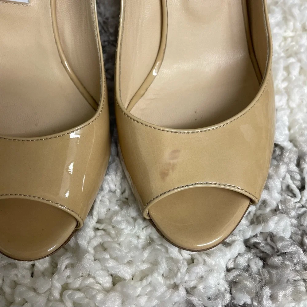 Jimmy Choo Beige Patent Leather Peep-Toe Wedge